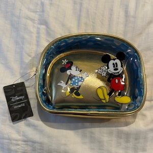 NWT Disney Loungefly Mickey & Minnie 2 Piece Cosmetic Bag Set Gold Leather